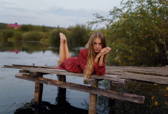 polka dots, women outdoors, lake, water, nature, sky, clouds, women, girl, model, blonde, looking at viewer, trees, dress, red dress