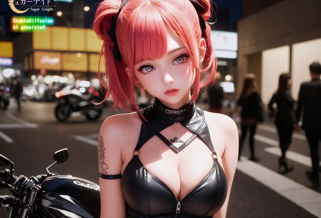 AI art, Stable Diffusion, Sugar Knight, women, pink hair, tattoo, motorcycle, night, leather clothing, people