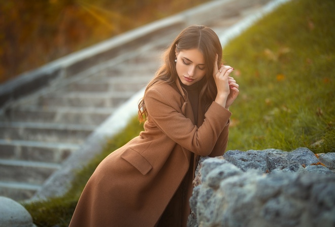 , Dmitry Shulgin, women, brunette, women outdoors, trench coat, brown coat, women, grass, stairs, red nails