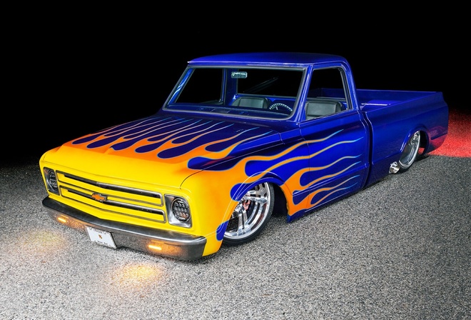 1968 Chevy Fleetside, gm, blue, flames, slammed, custom, classic