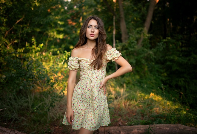 Dmitry Shulgin, summer dress, , nature, brunette, outdoors, plants, trees, bare shoulders, forest, model, looking at viewer, standing