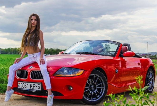 model, red, bmw, long hair, outdoors, convertible