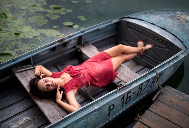 , Dmitry Shulgin, outdoors, red dress, brunette, boat, lake, water, model, red lipstick, summer dress, nature