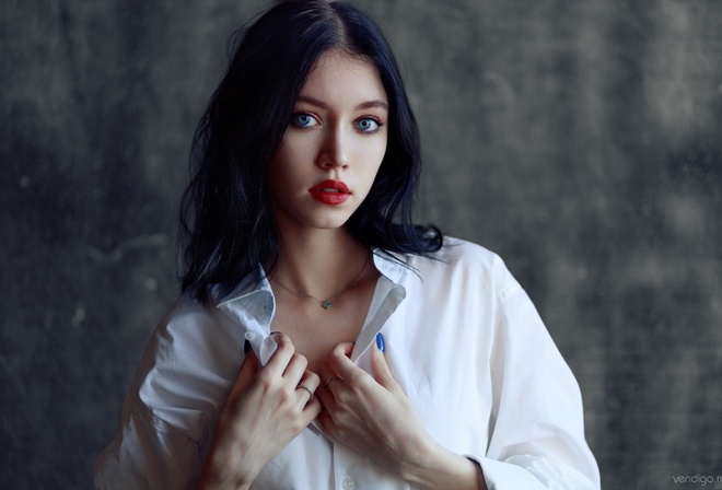 Evgeniy Bulatov, , indoors, brunette, blue eyes, studio, red lipstick, white shirt, model, looking at viewer, face