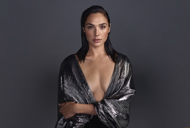 Gal Gadot, actress, brunette, robe, Cleavage, pose