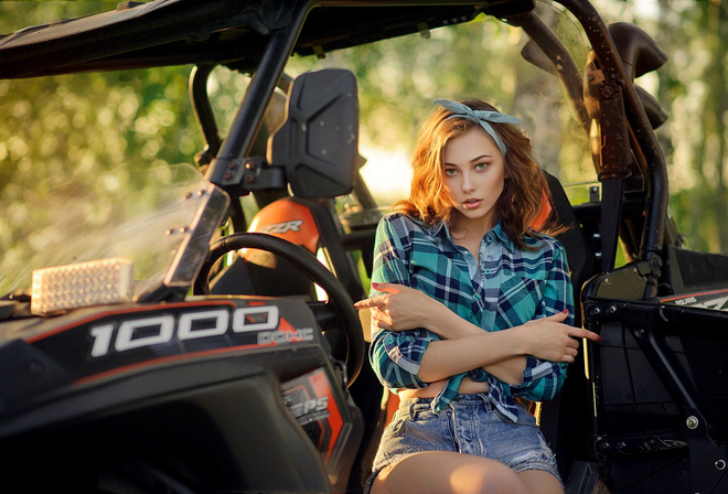 ,  , Denis Lytkin, Polaris RZR XP 1000, blonde, jean shorts, plaid shirt, model, women with cars, women outdoors, bokeh, arms crossed