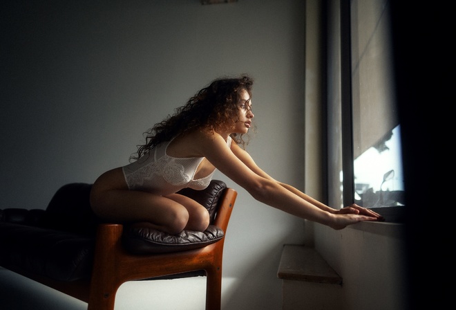 Maxim Gustarev, hips, , model, women indoors, white bodysuit, brunette, ass, couch, window, by the window