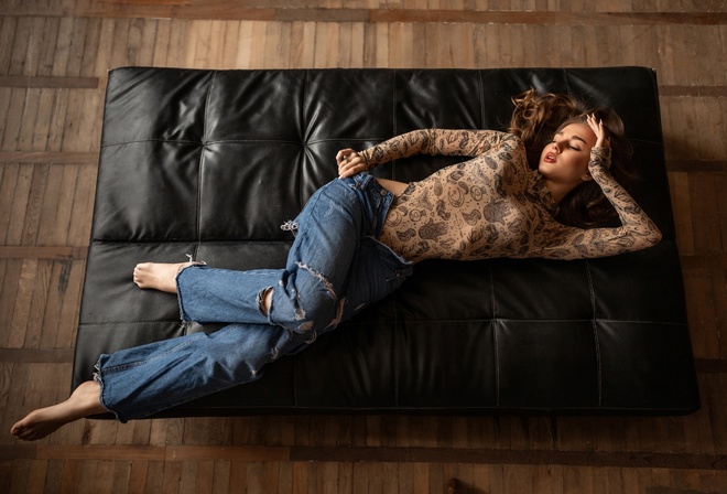 brunette, open jeans, hips, bodysuit, lying on back, model, jeans, torn jeans, red lipstick