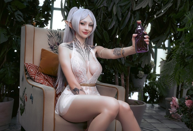 Alin Ma, Xenon, Frieren, Sousou No Frieren, elves, anime girls, anime, tattoo, white hair, green eyes, cosplay, women, white clothing, plants, looking at viewer, neckline, armchair, smiling, women indoors, thighs, sitting, flowers, rose, legs, lace