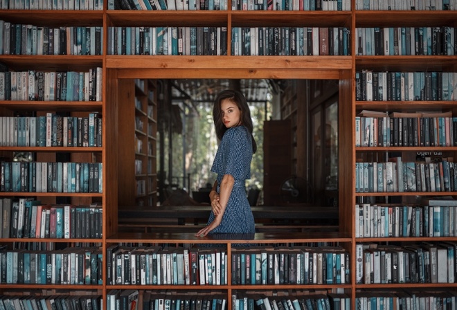 brunette, bookstore, , model, blue dress, women indoors, books, red lipstick, beautiful