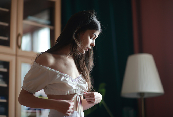 , brunette, Vladimir Lapshin, white clothing, women indoors, model, lamp