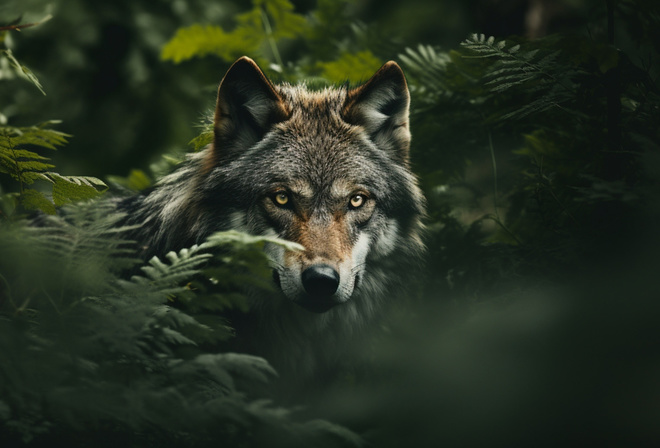 wolf, trees, animal, pose, eyes