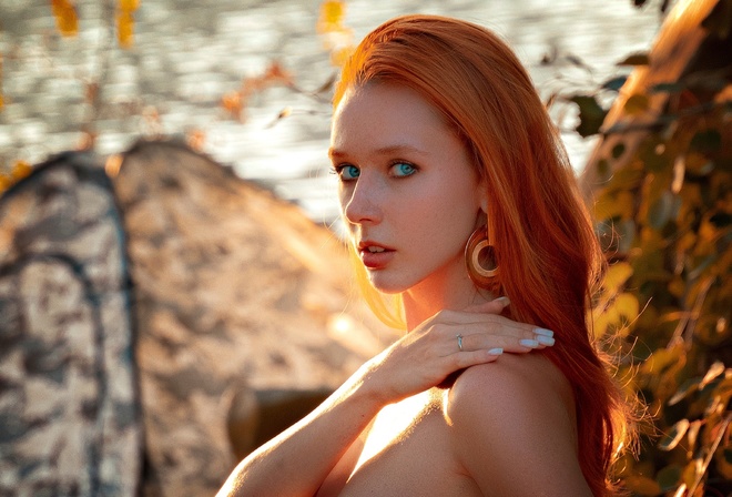 Ivan Platonov, Elizaveta Kurilko, model, , face, redhead, women outdoors, blue eyes, nature