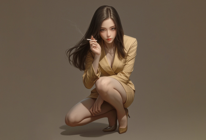 Blazer, Asian, AI Art, brunette, , miniskirt, simple background, squatting, cigars, smoke, smoking