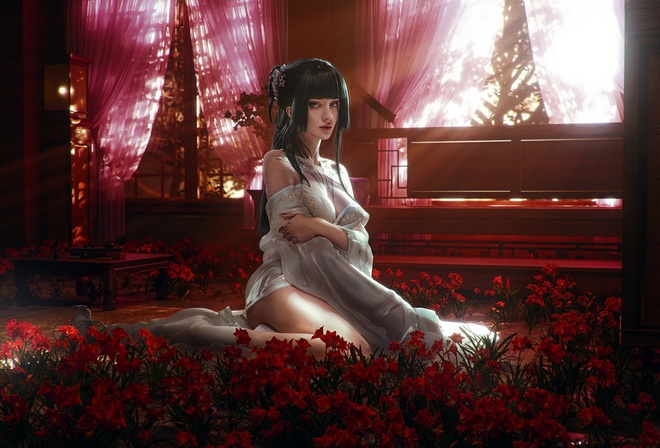 Alin Ma, The Apothecary Diaries, Xenon, , Maomao, anime, model, tattoo, flowers, anime girls, brunette, women indoors, Sun rays