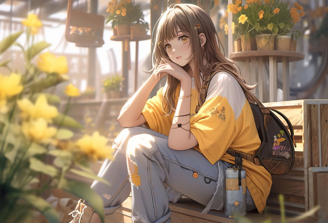 , AI Art, anime girls, flowers, brunette, jeans, T-shirt, boots, schoolgirl, backpacks