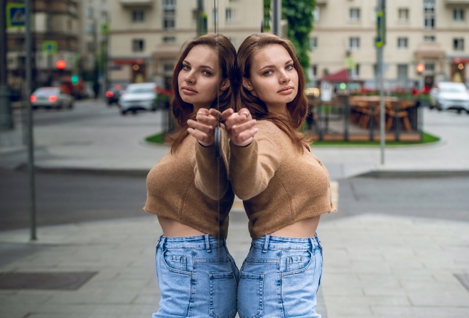 street, public, brunette, jeans, reflection, , women outdoors, model, urban