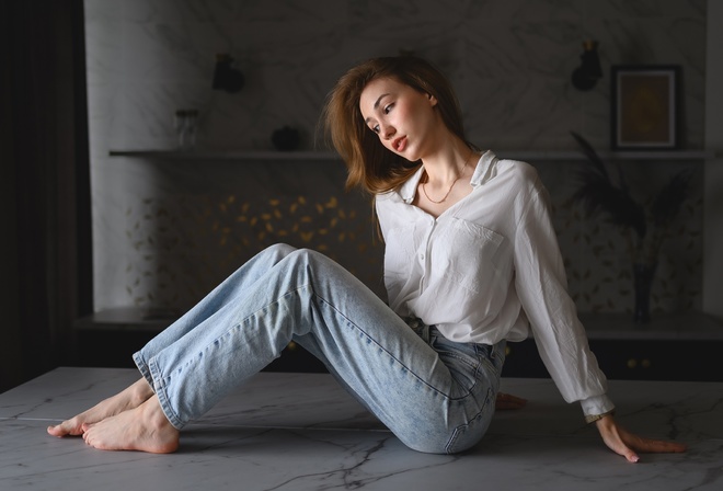 jeans, white shirt, brunette, sitting, on table, , women indoors, model, barefoot, feet