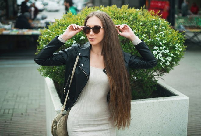 Robert Zazin, public, model, women outdoors, leather jacket, white dress, , brunette, urban, people, sunglasses, women with glasses