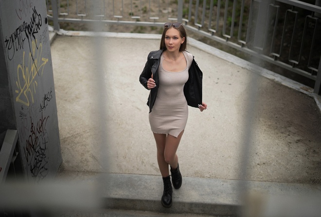 Robert Zazin, public, model, women outdoors, leather jacket, white dress, , brunette, urban, sunglasses, boots