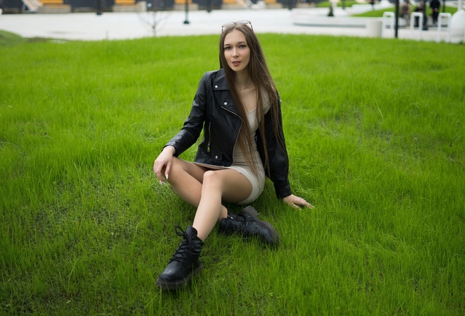 Robert Zazin, model, women outdoors, leather jacket, white dress, , brunette, grass, sunglasses, boots