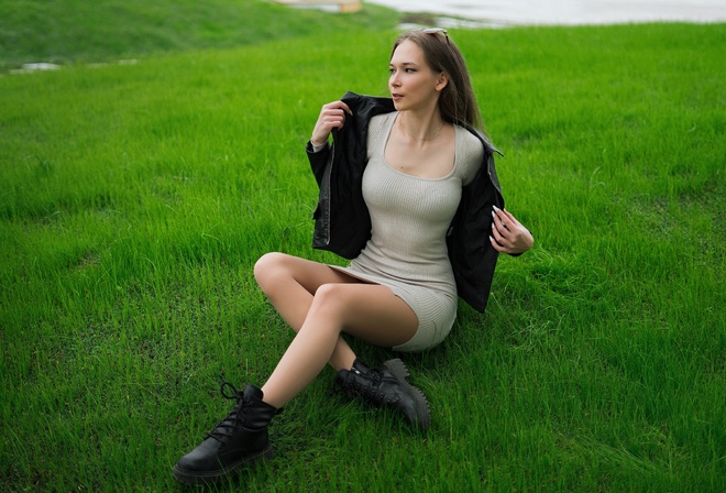 Robert Zazin, model, women outdoors, leather jacket, white dress, , brunette, grass, sunglasses, boots