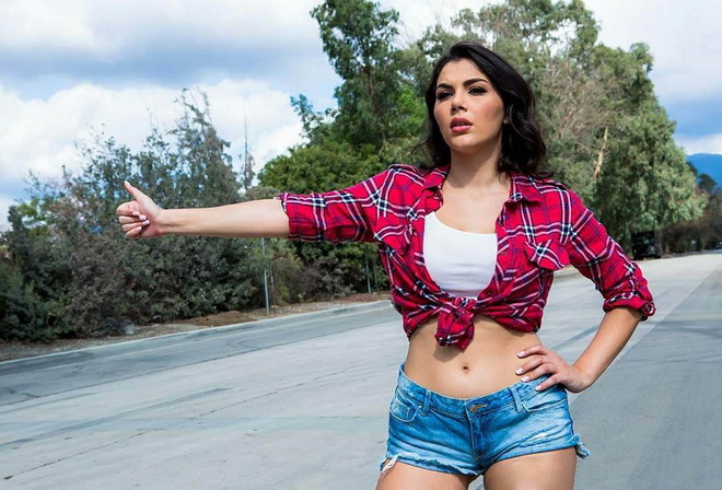 auto, big naturals, big tits, cheating, curvy, cutoffs, hardcore, jean shorts, oral, penetration, plaid, red lips, smile, tanktop, thesexbomb, truck, underbun, Valentina Nappi