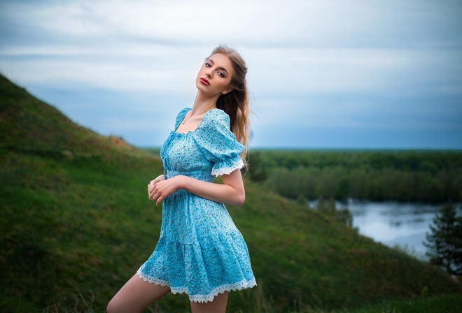 Dmitry Shulgin, model, women outdoors, nature, sky, blonde, clouds, grass, red lipstick, blue dress, summer dress