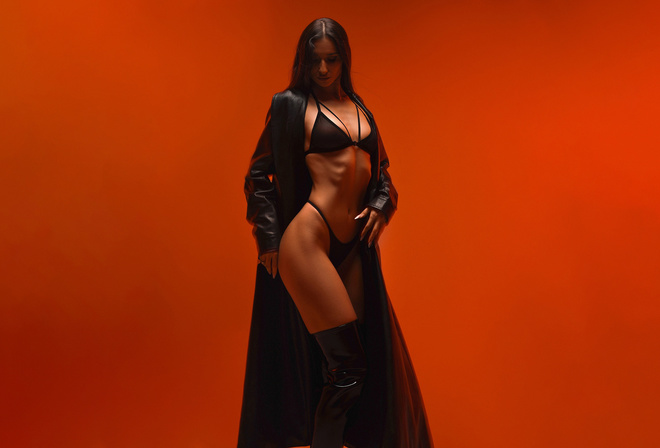 Yury Semenov, studio, black lingerie, black panties, women indoors, brunette, , ass, trench coat, model, hips, orange background, belly button, black bras