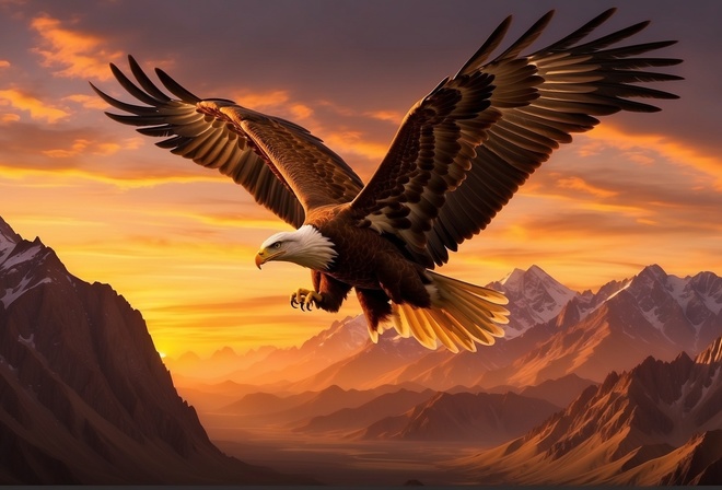 Mountains, artwork, bald eagle, sun, flying