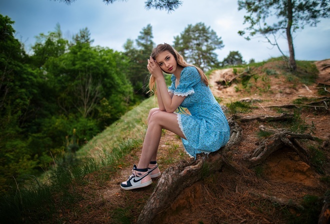 Dmitry Shulgin, forest, summer dress, nature, brunette, women outdoors, blue dress, , model, red lipstick, trees, clouds, nike, sky, sneakers, sitting