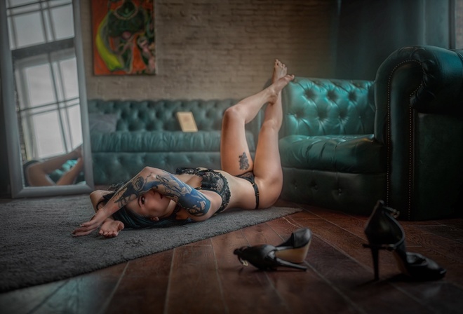 tattoo, ass, couch, brunette, lingerie, mirror, , reflection, model, bra, hips, on the floor, living room, panties