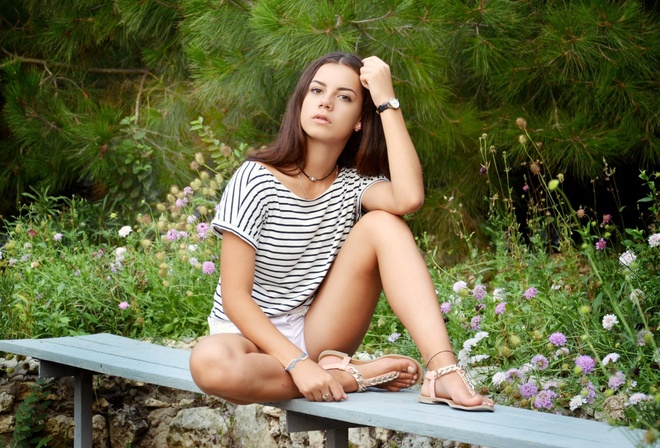 white shorts, brunette, bench, , model, women outdoors, shorts, park, sitting, legs