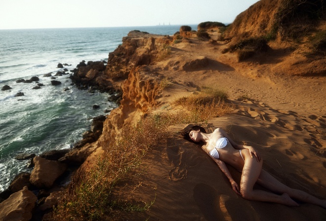 Maxim Gustarev, beach, hips, white bikini, brunette, , women outdoors, model, ass, nature