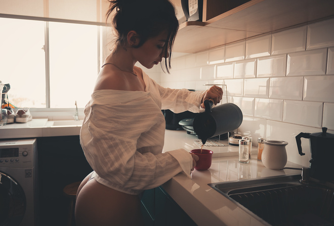 Fernando De Santis, brunette, kitchen, white panties, ass, , coffee, model, white shirt, women indoors, hips