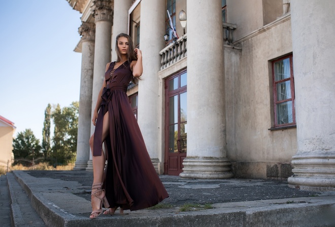 Dmitry Shulgin, women outdoors, , dress, outdoors, brunette, sky, standing, looking at viewer, trees, model