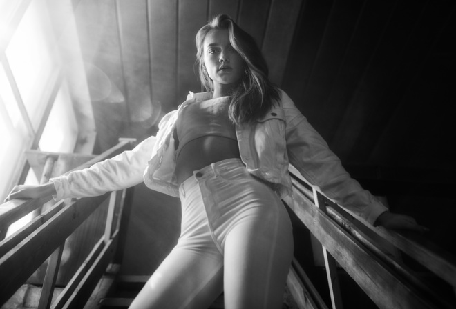 Dmitry Shulgin, monochrome, pants, brunette, women indoors, , jeans, jacket, model, denim jacket, stairs