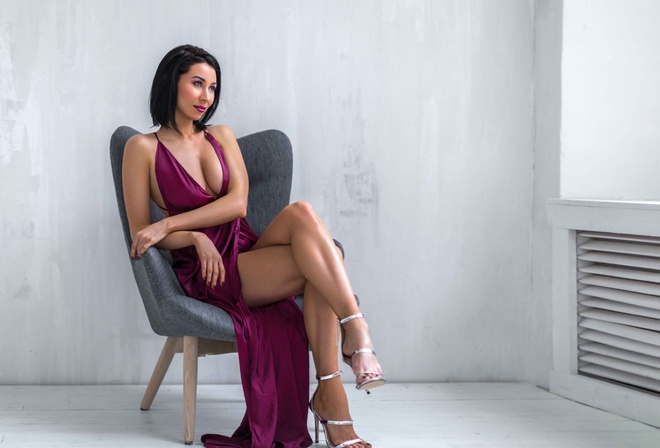 model, sitting, babe, heels, dress, chair, room, black hair