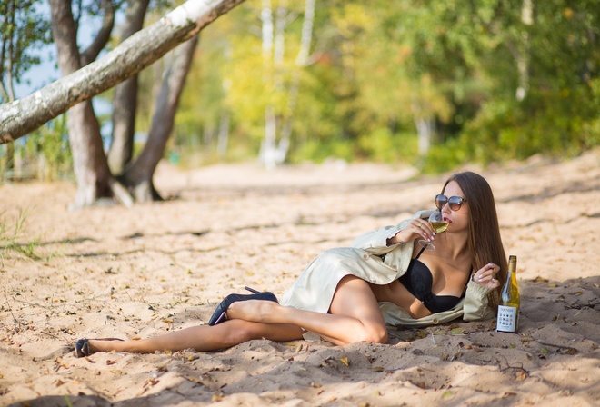 beach, black lingerie, brunette, women outdoors, black bra, , model, wine glass, nature, women with glasses, alcohol, women with shades, trench coat, nature