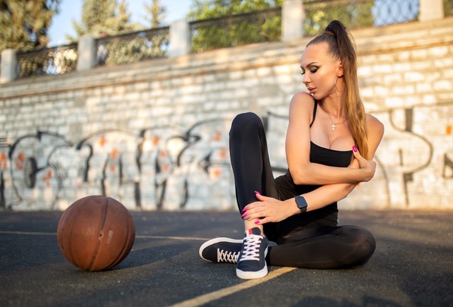 basketball, ball, brunette, , sneakers, model, graffiti, makeup, on the floor, women outdoors, bodysuit, , , , sky