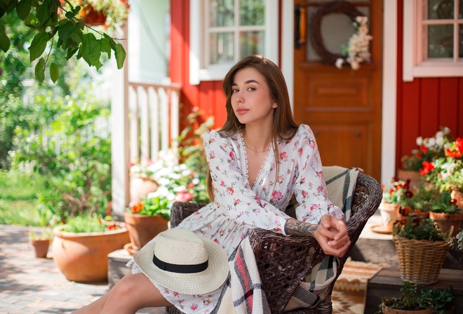 Elizaveta Milki, model, summer dress, brunette, , white hat, women outdoors, women, looking at viewer, flowers