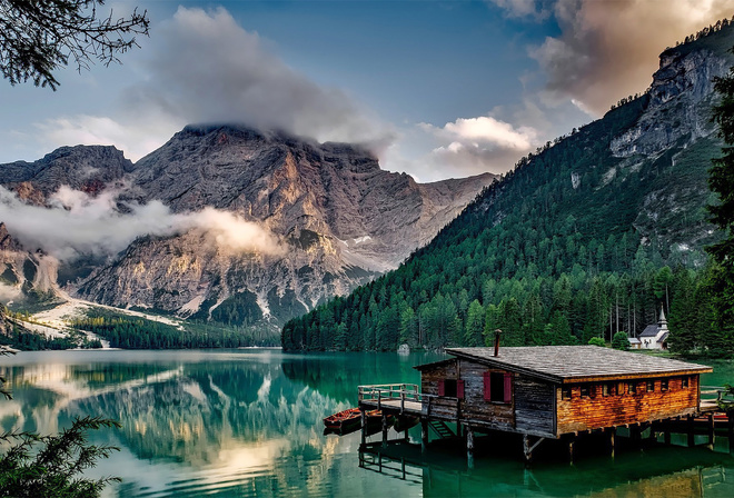 Cabana, Montanhas, Lago, Natureza