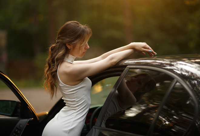 Vladimir Lapshin, white dress, , brunette, black cars, women outdoors, model, blue nails