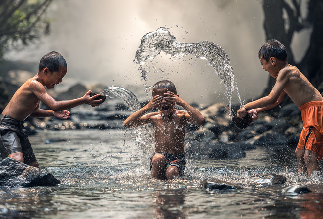 Garotos, Brincando, Agua, Lago, Natureza, Paisagem