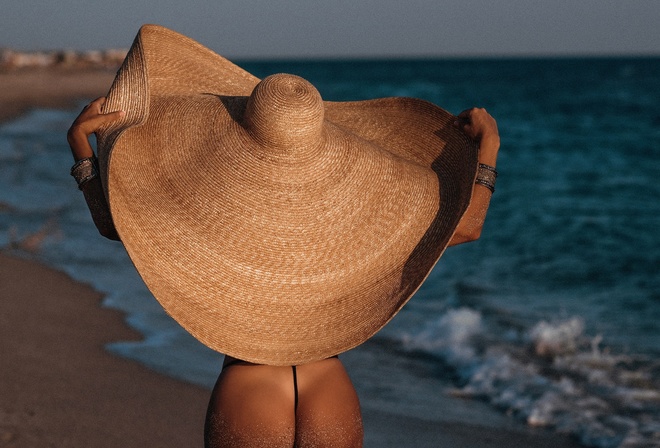 beach, tan lines, straw hat, women, , ass, thong, rear view, sky, women outdoors, hips, model, black thong