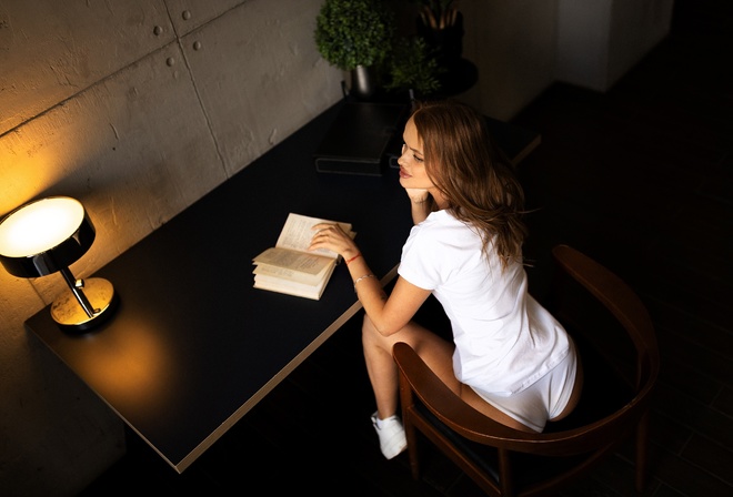 sitting, chair, table, ass, redhead, white panties, women indoors, hips, , sneakers, model, T-shirt, white t-shirt