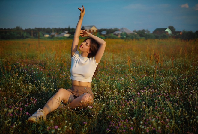 Sergey Bogatkov, sitting, brunette, shorts, women outdoors, closed eyes, , sneakers, model, short tops, nature, sky, field, red lipstick, clouds