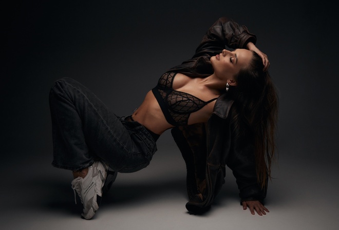 Alexander Skripnikov, women indoors, brunette, studio, black lingerie, , model, jeans, black bra, hips, jacket, belly button, open jeans, black panties, leather jacket, on the floor, sneakers