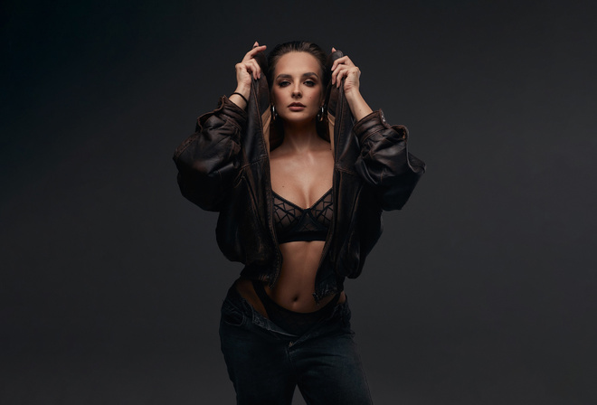 Alexander Skripnikov, women indoors, brunette, studio, black lingerie, , model, jeans, black bra, hips, jacket, belly button, open jeans, black panties, leather jacket