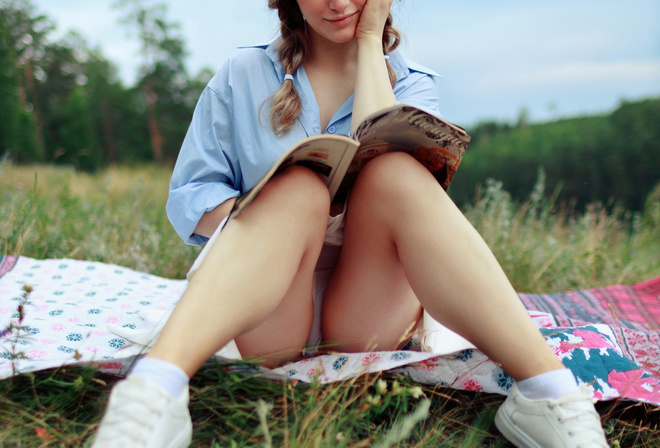 Evgeniy Bulatov, grass, blonde, women outdoors, white panties, blue shirt, model, miniskirt, blankets, sky, nature, field, magazine, women, sneakers, short socks, legs